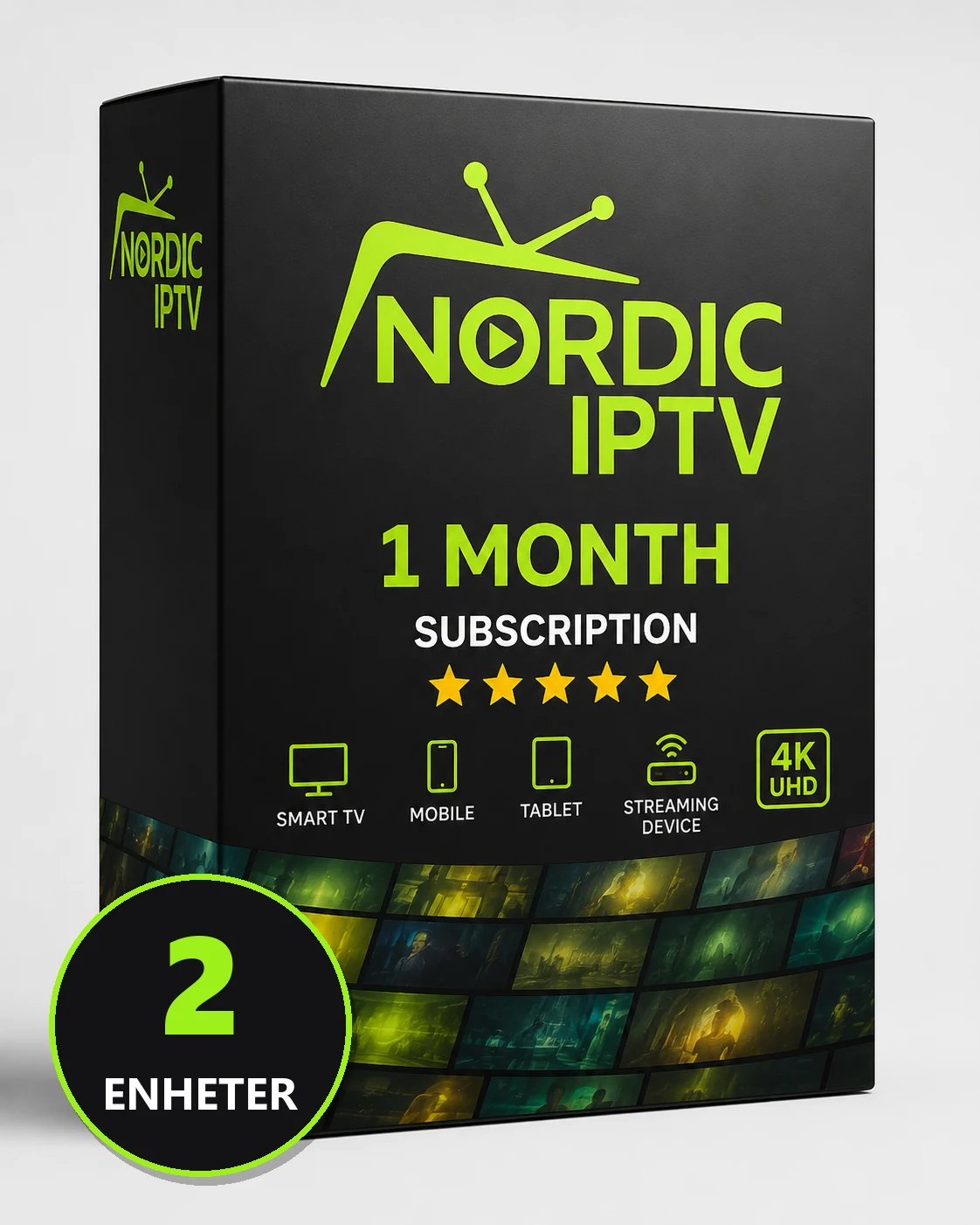 Iptv abonnement 1 måned 2 enheter, produktboks fra Nordic IPTV