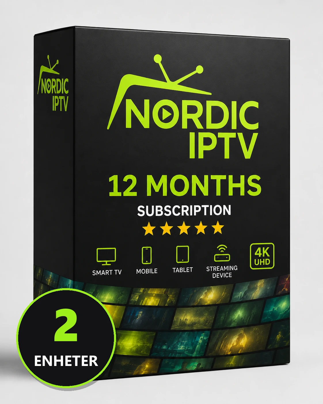Iptv årsabonnement 2 enheter, produktboks fra Nordic IPTV