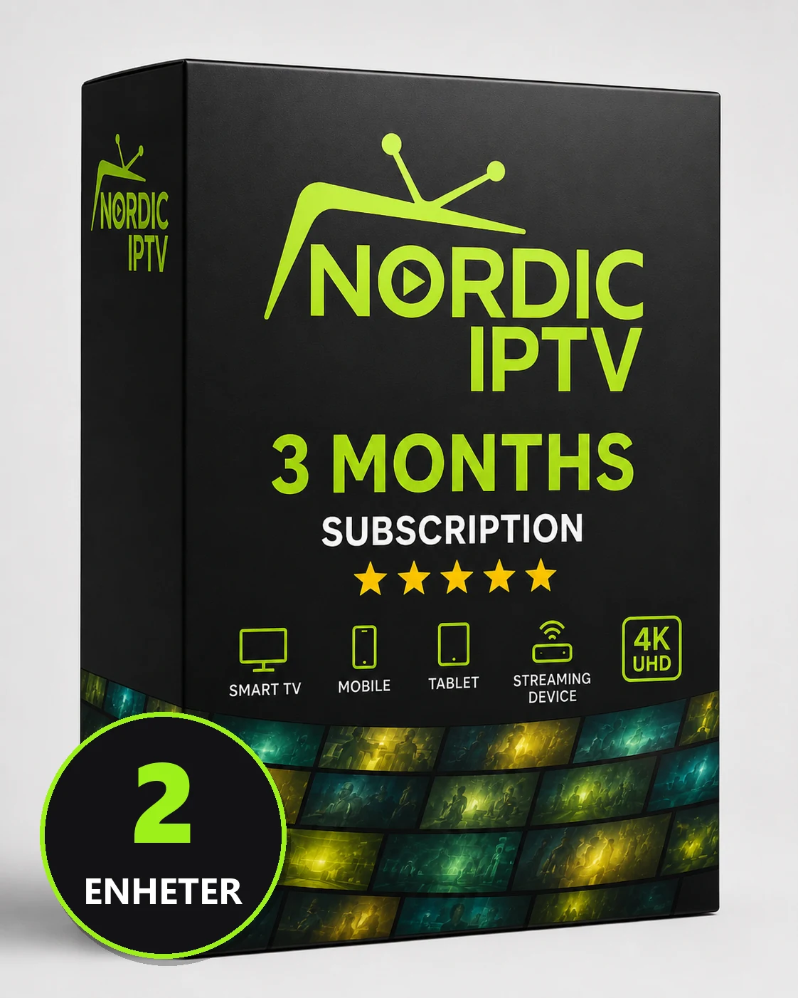 Iptv abonnement 3 måneder 2 enheter, produktboks fra Nordic IPTV