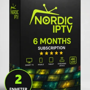 Iptv abonnement 6 måneder 2 enheter, produktboks fra Nordic IPTV