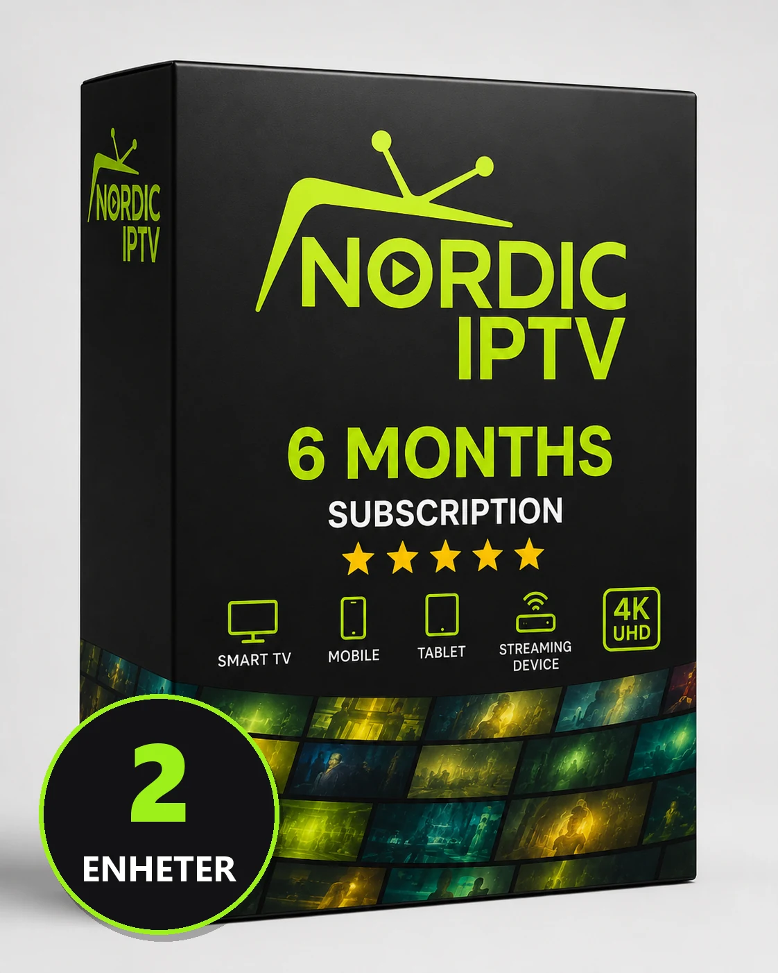 Iptv abonnement 6 måneder 2 enheter, produktboks fra Nordic IPTV