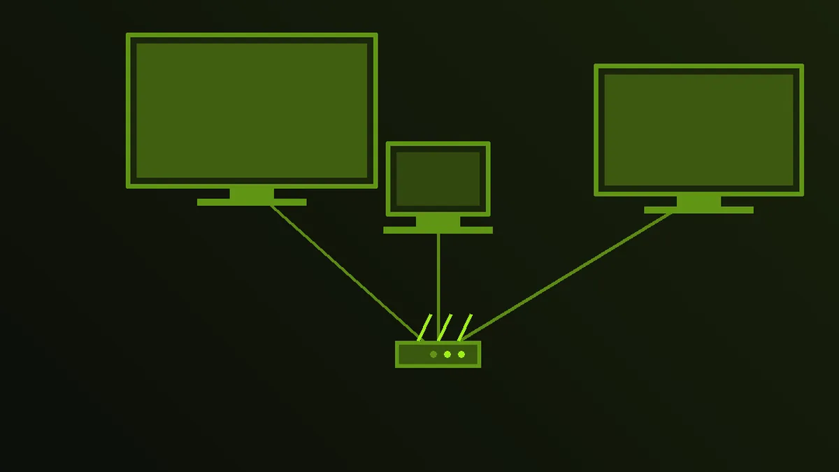 Iptv flere skjermer, der to tv-er og et nettbrett deler samme hjemmenett