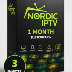 Iptv abonnement 1 måned 3 enheter, produktboks fra Nordic IPTV