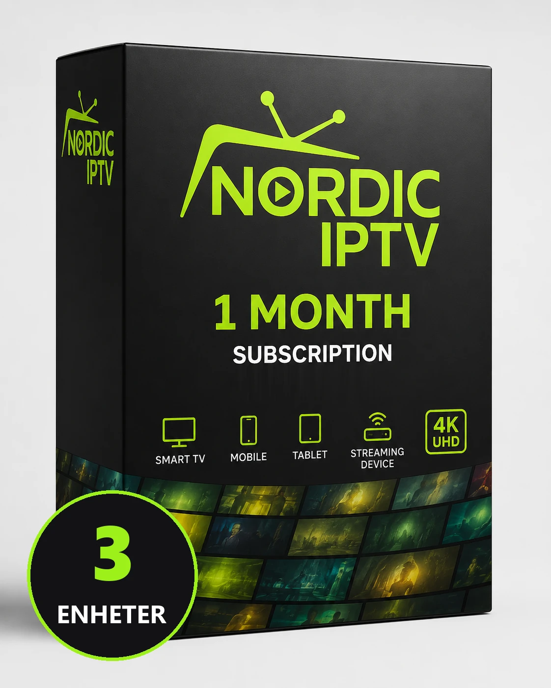 Iptv abonnement 1 måned 3 enheter, produktboks fra Nordic IPTV