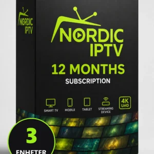 Iptv årsabonnement 3 enheter, produktboks fra Nordic IPTV
