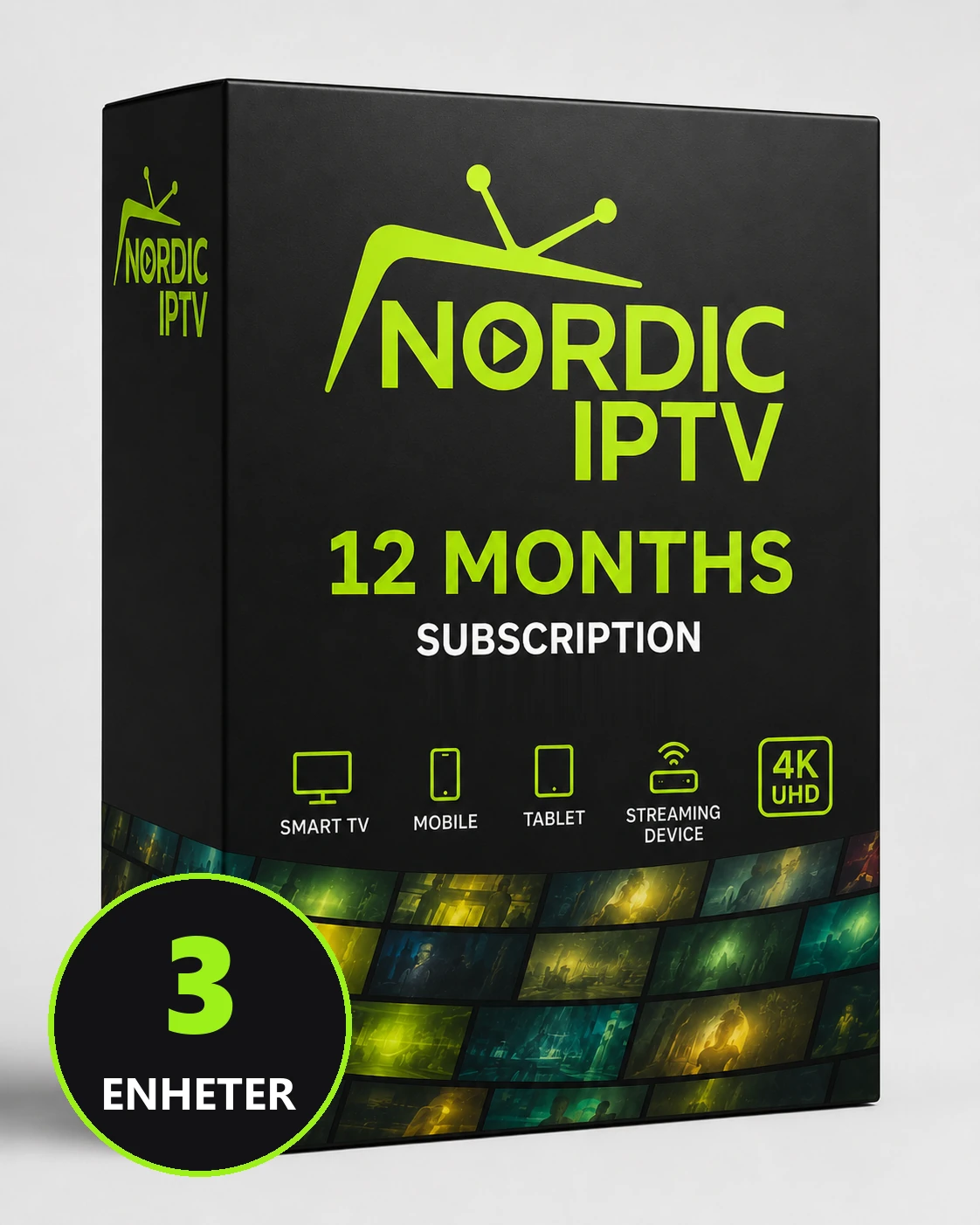 Iptv årsabonnement 3 enheter, produktboks fra Nordic IPTV