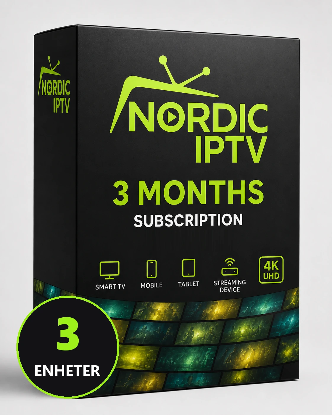 Iptv abonnement 3 måneder 3 enheter, produktboks fra Nordic IPTV