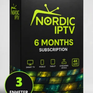 Iptv abonnement 6 måneder 3 enheter, produktboks fra Nordic IPTV