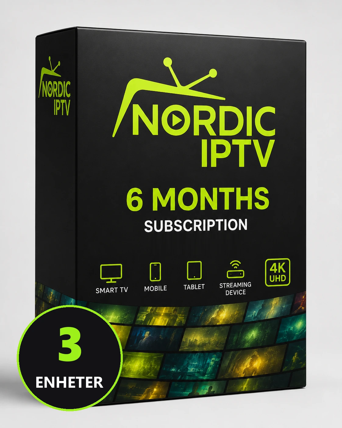 Iptv abonnement 6 måneder 3 enheter, produktboks fra Nordic IPTV